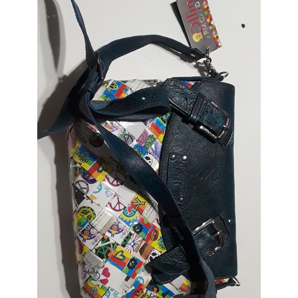 Rollin Arm‎ Candy Crossbody Bag Upcycled Peace Sign Print Buckle Accent